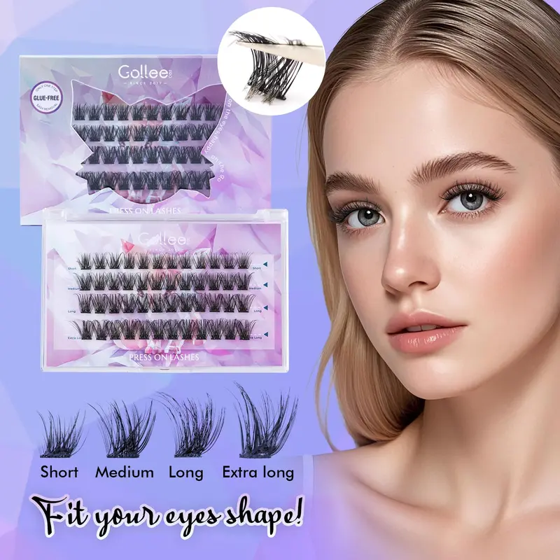 Gollee Self-Adhesive Lash Clusters - D Curl False Eyelashes for Adults, Office-Ready Nature-Inspired Look, No Glue Needed 10-16mm Pre-Glued Reusable DIY Lash Extensions, 24-Hour Firm Hold, Removable Cosmetic