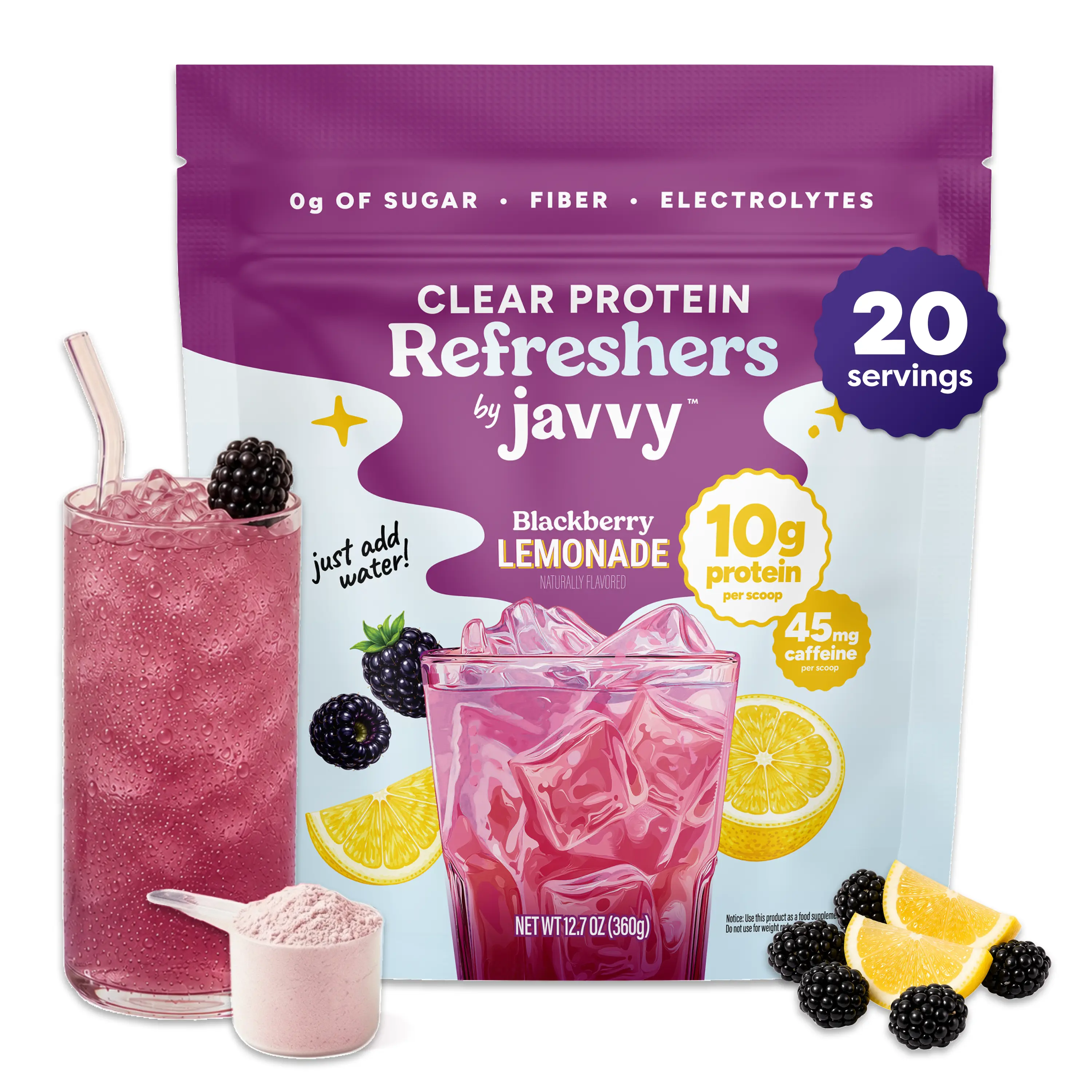 Javvy Blackberry Lemonade Refresher - Premium Clear Whey Protein Drink with Electrolytes, Fiber, 45mg Caffeine, 0g Sugar, 100% Natural Flavors, 0 Artificial Colors & Sweeteners - 20 Servings