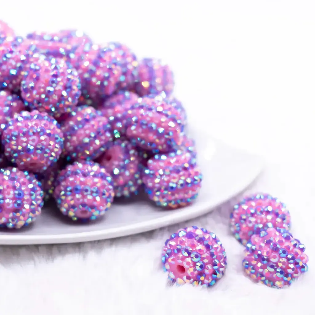 20mm Pink and Purple Striped Rhinestone AB Bubblegum Beads