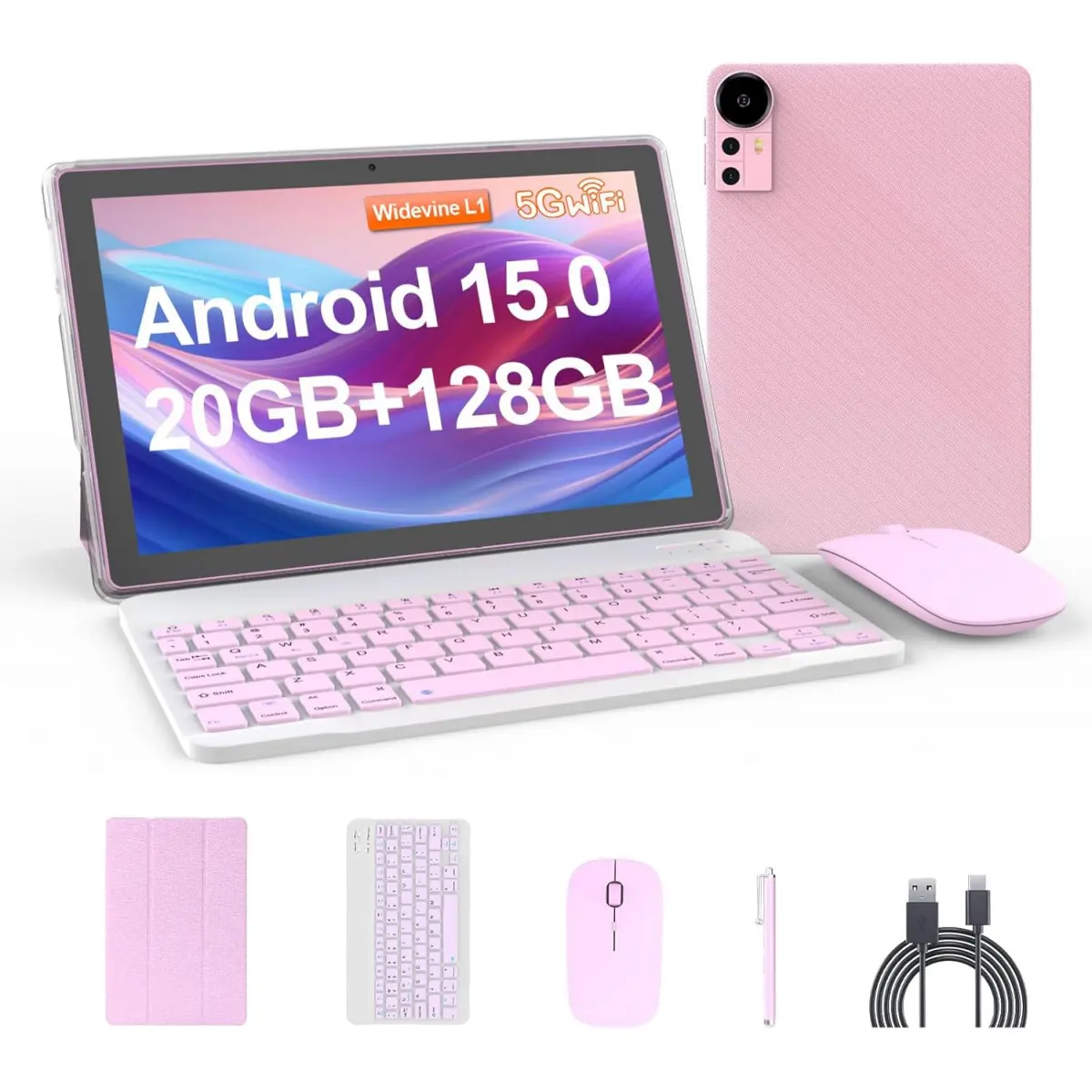 Tablet 10.1Inch Android 15.0, RAM 20GB(4+16Expand)+ROM 128GB, 6000mAh Battery, 2+8MP Dual Camera, 1280*800 IPS HD Touch Screen Tab PC Set with Keyboard+Mouse+Protective Case+Stylus,Card Expandable Android Kids Tablet with Parental Control camera tablet