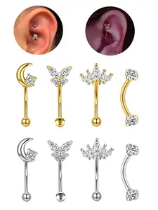 16G Eyebrow Ring Curved Barbell Rook Piercing Jewelry Butterfly CZ Moon Shape Vertical Labret Lip Rings Ear Rook Helix Conch Daith For Women Men Hypoallergenic Stainless Steel 10mm