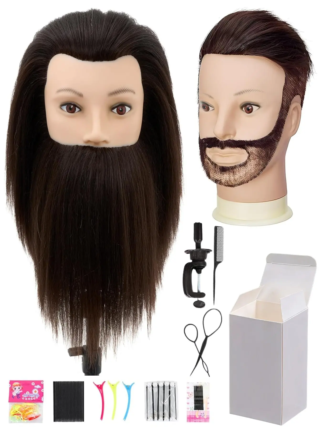 Male Mannequin Head with 100% Human Hair Haircut Training Head with Thick Hair Hairdresser Manikin Head Doll Head for Hair Styling and Practice Handsome Face Adult beard style Hairdressing Tools