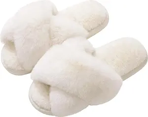 Women's Fuzzy Cross Band Slippers for Wedding or Bridesmaid Gifts Soft Memory Foam Open Toe House Slides White Indoor Cozy Home Shoes Round Toe Comfortable Walking Shoes