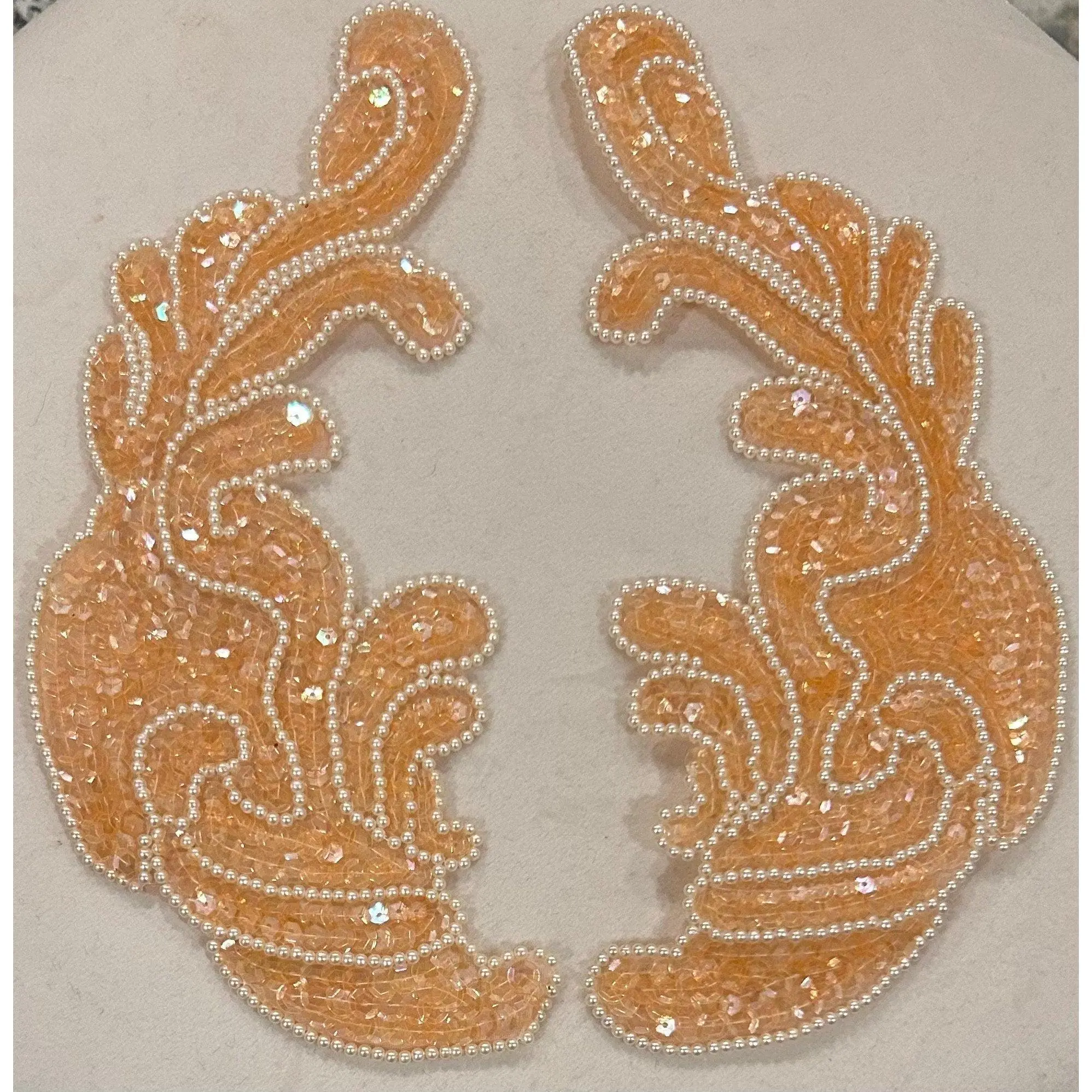 Beaded Floral Sequein Applique Motif Sewing Bridal Wedding 9.5"x3.75" (Peach color), sold as a pair