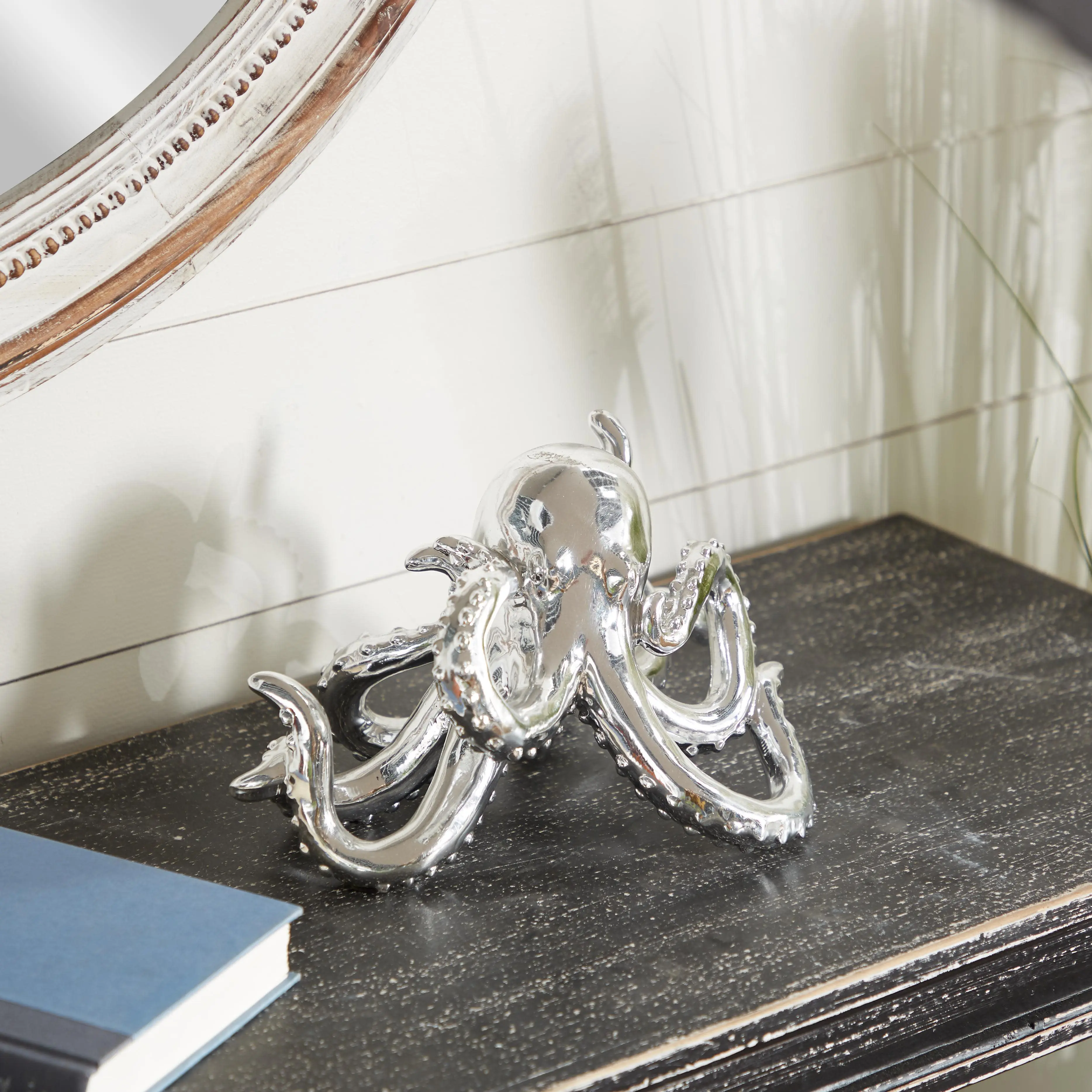 Silver Polystone Octopus Decorative Sculpture with Long Tentacles and Suctions Details, 12" x 7" x 7"