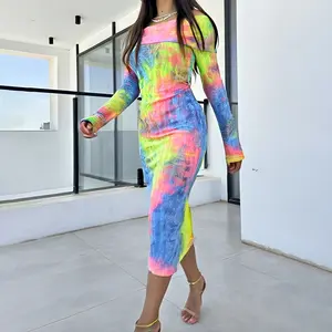 ChicMe 2026 Ombre Print Off Shoulder Long Sleeve Knit Bodycon Dress Casual Hollow Out Wedding Guest High Strechy Midi Wedding Dress