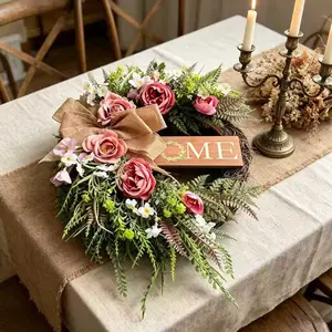 Neutral Color Farmhouse Style Wreath with Peony Flowers, Decorative Flower Ornaments, Festive Home Decoration, Home Signboard, Hemp Cloth Bow, All-Season Decor for Porch, Living Room, Entryway