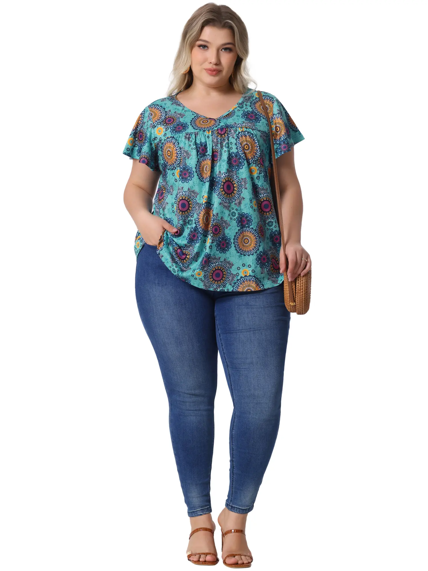 Agnes Orinda Plus Size Women's V Neck Ruffle Short Sleeve Tops Boho Floral Summer Casual T Shirt Tee Tops