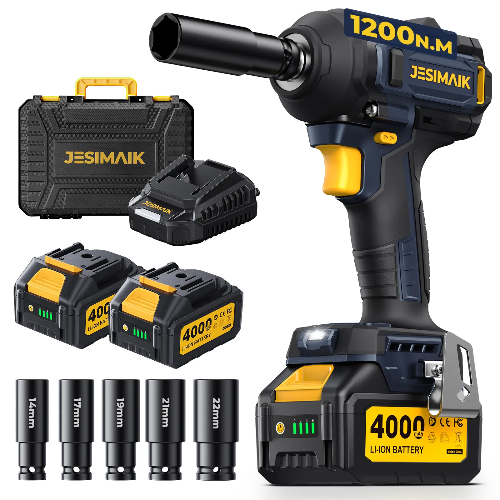 900Ft-lbs (1200N.m)Cordless Impact Wrench, 1/2" Brushless Impact Gun, 21V High Torque Impact Gun with 2×4.0Ah Batteries, 4 Variable Speeds, 5 Sockets, Impact Driver for Car/Pickup/Mower