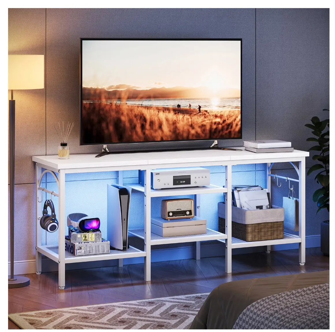 TV Stand for TVs up to 55 Inch, LED Light Entertainment Center with Open Storage Shelves, TV Media Console Table for Living Room, Bedroom, White