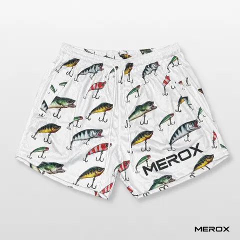 MEROX Fishing Lure Themed Mesh Gym Shorts - 5-in Inseam Outdoor Sports Shorts with Graphic Design, Zipper Pockets, Breathable Fabric, Lightweight Build, Breathable Sport Shorts