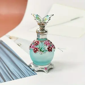 0.51oz Blue Butterfly Enamel Painted Dropper Glass Bottle with Floral Accents, Refillable Perfume & Essential Oil Storage, Portable & Reusable, Unscented, Home Decor Accessory (Empty Bottle, No Perfume) Organiser Flower 81107S-S.Blu
