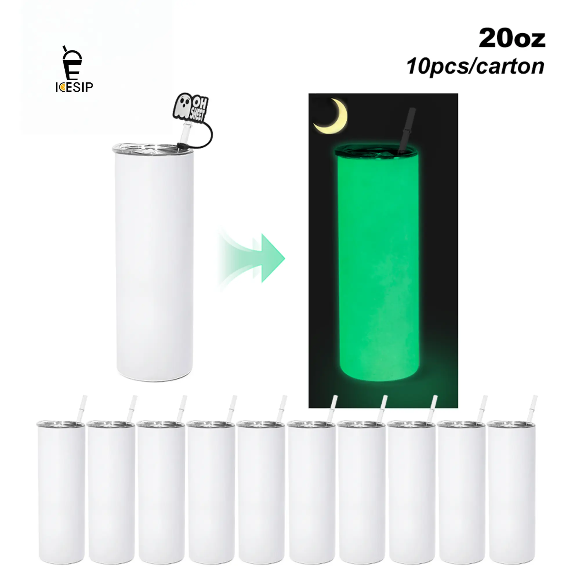Icesip Reusable UVDTF 20 oz Straight Skinny Stainless Steel Glow-in-the-Dark Green Sublimation Cup - Washable Tumbler with 10 UV Glow-to-Blue Stickers & Silicone Topper for Halloween Party Decor, DIY Gifts