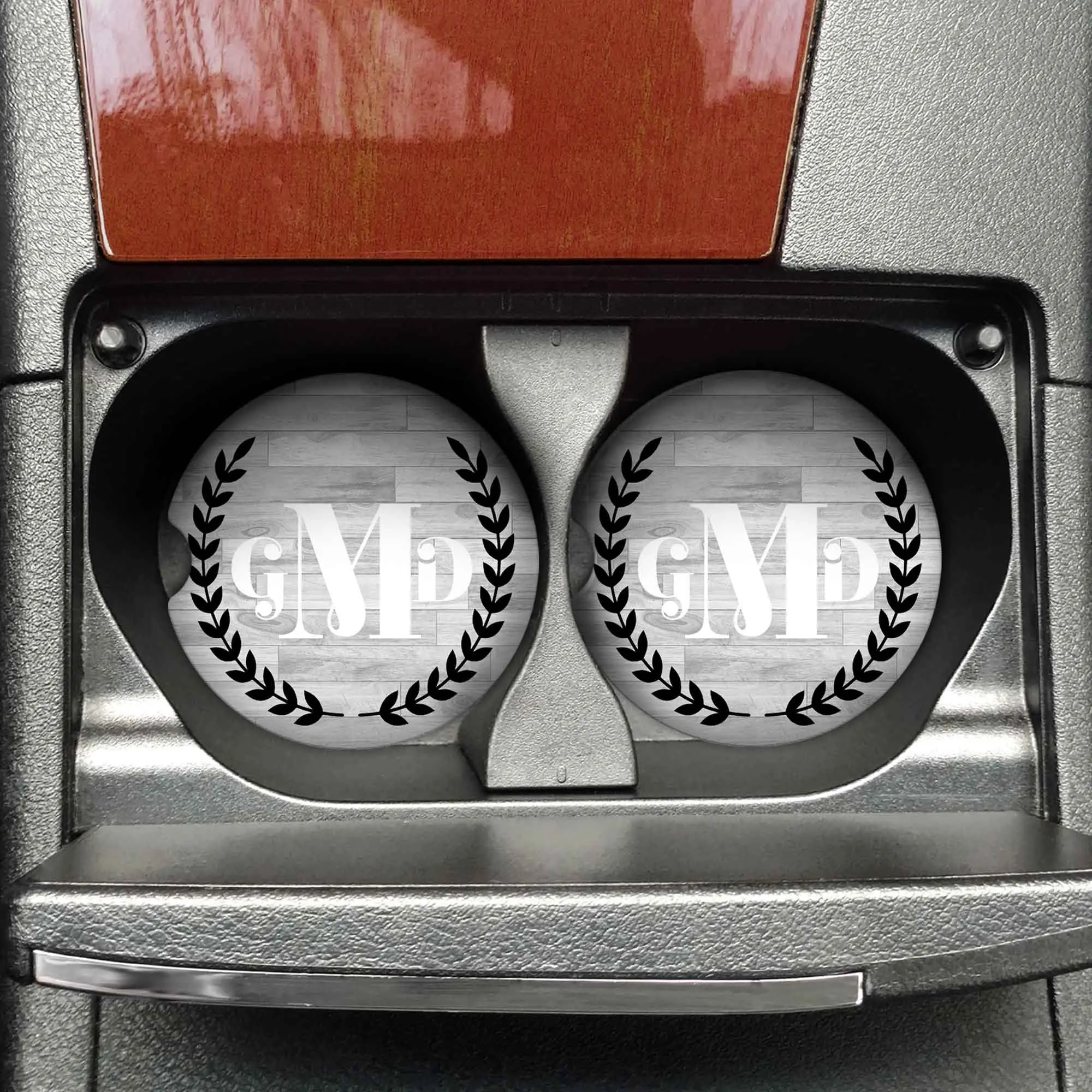 Personalized Car Coasters | Custom Car Accessories | Laurel Wreath Monogram | Set of 2