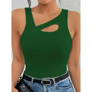 Solid Color Hollow Out Slim Fit Vest, Casual Asymmetrical Neck Sleeveless Top, Women's Fashion