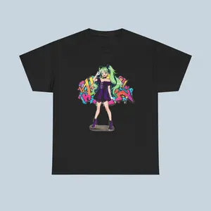 Graffiti Anime Girl T-Shirt — Streetwear Style with Neon Art Wall | Purple Harajuku Techwear Shirt | Urban Otaku Gift | Cute Gamer Style | Oversized Anime Tee for Fans & Collectors | Epic Anime Apparel - Cotton