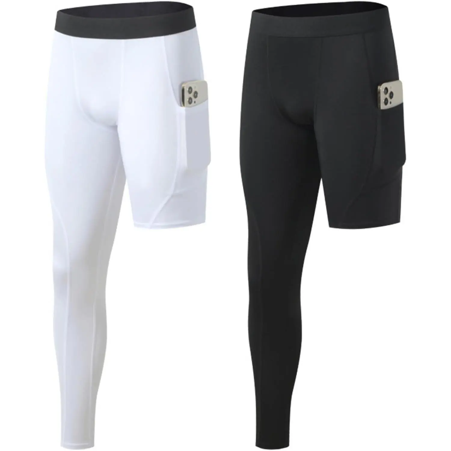 2 Pack Men's Compression Pants Single Leg Tight Sports Long Pants with Pockets for Basketball Base Layer Leggings