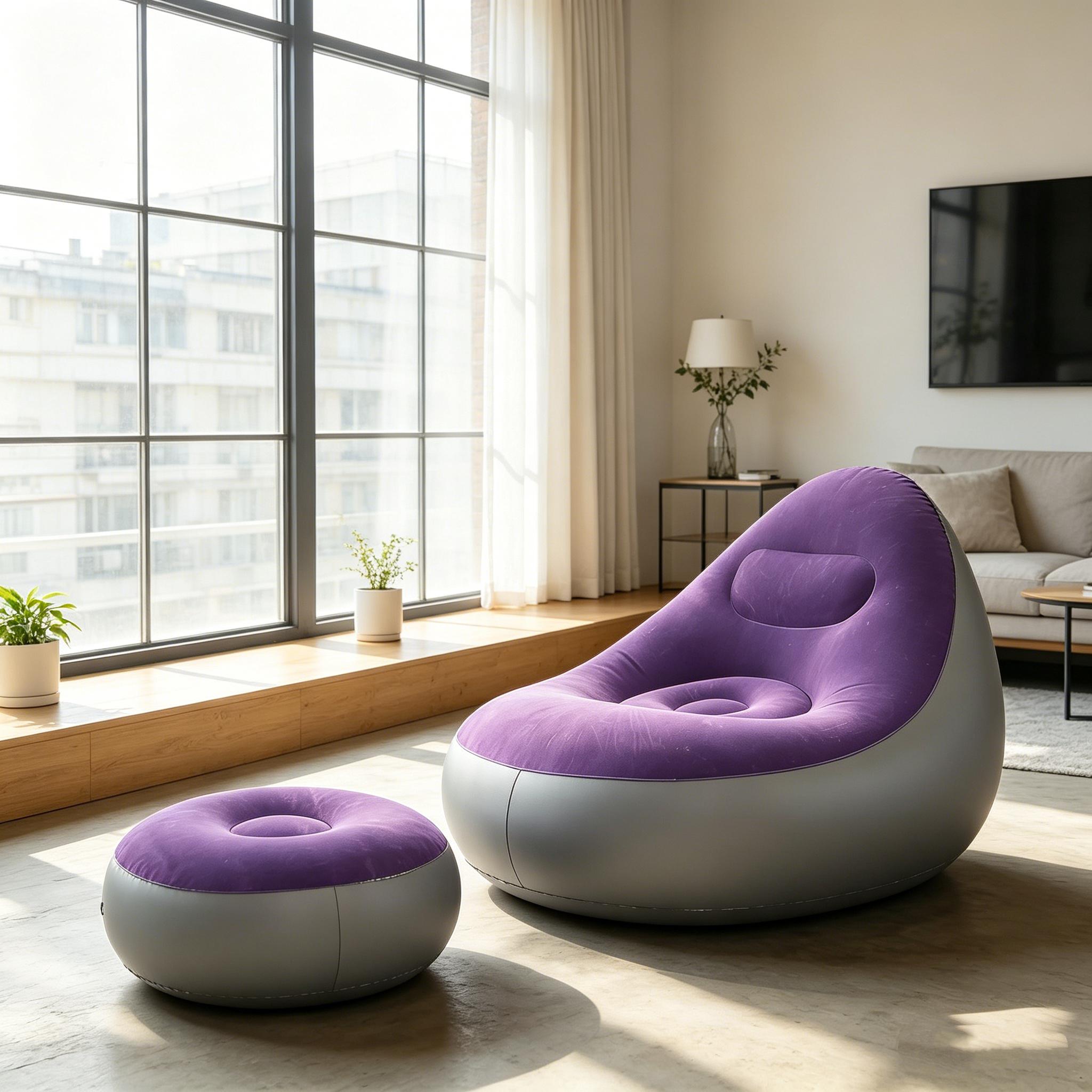 1 piece of plush inflatable lounge chair with foot pedals, foldable portable lounge chair, soft and durable design, suitable for living room, bedroom, balcony, camping and outdoor relaxation