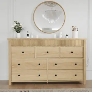 GAOMON 7 Drawer Dresser for Bedroom, Wooden Chest of Drawers, Fluted TV Stand, Storage Organizer for Living Room, Hallway and Entryway, Natural Oak