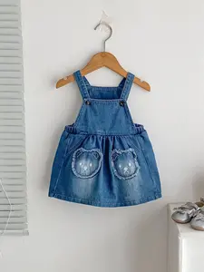 Baby Girl's Bear Embroidery Denim Overalls Dress, Cute Sleeveless Suspender Skirt for Daily Wear, Newborn Infant Kids Clothes for Summer