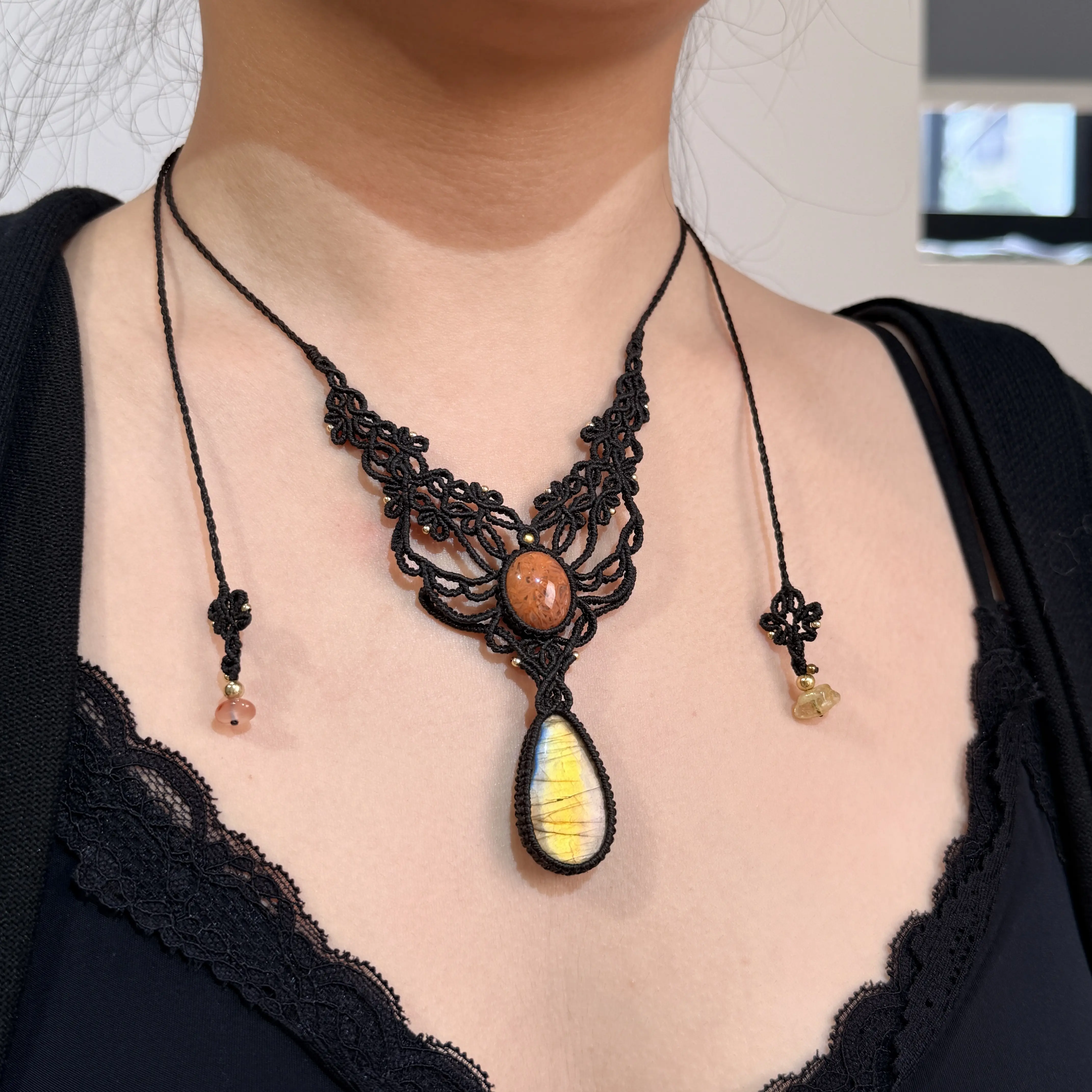 Coral Jade+Labradorite Crystal Macrame Necklace - Handcrafted Custom Made Jewelry, Minimalist Boho Ethnic Fashion Accessory, Magic Stone Made-to-Order Gift
