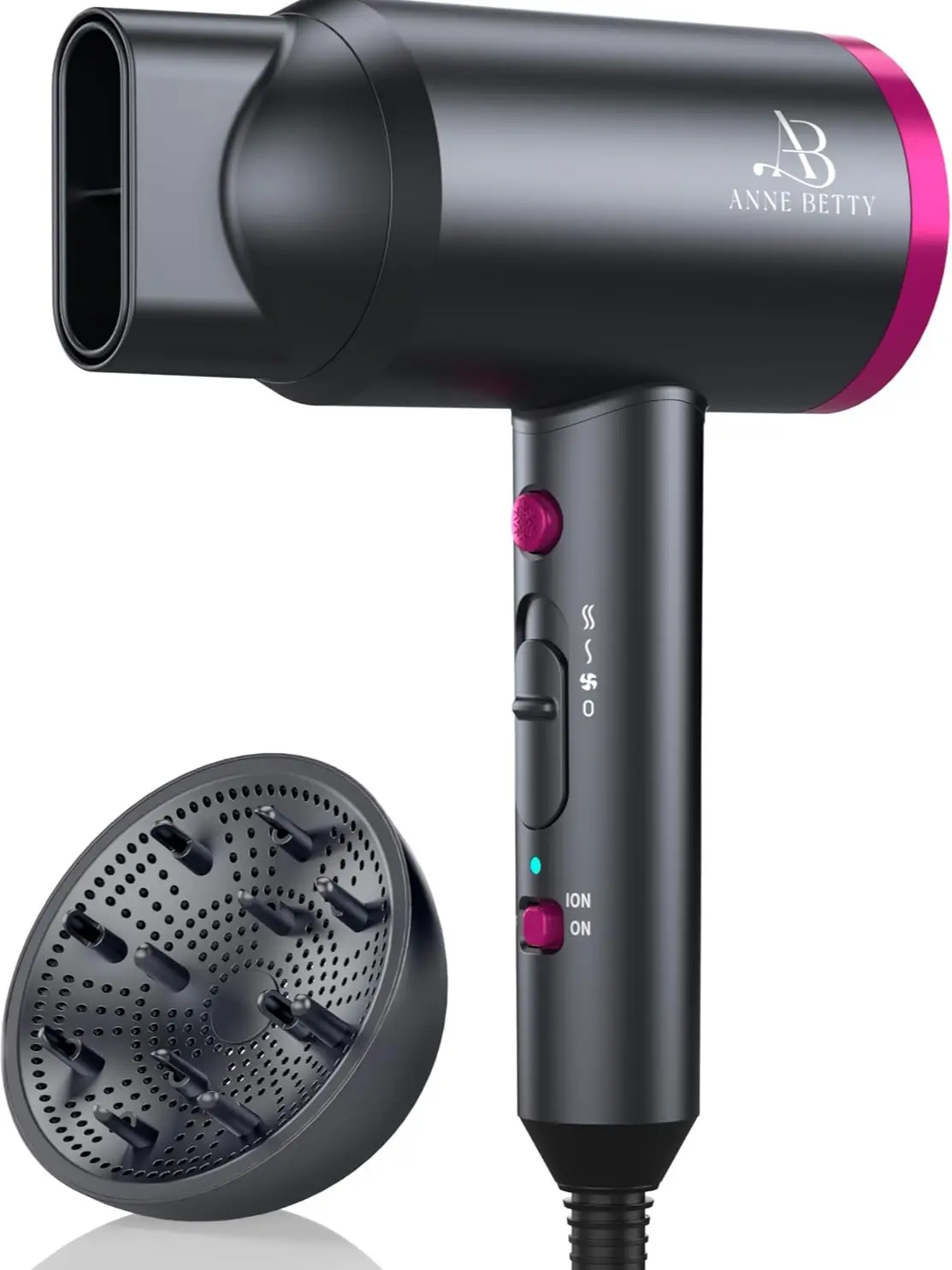ANNE BETTY Ionic Hair Dryer with Diffuser, Powerful 1800W Blow Dryer for Women & Men, Fast-Drying Hair Dryer with Nozzle for Home, Salon, Travel