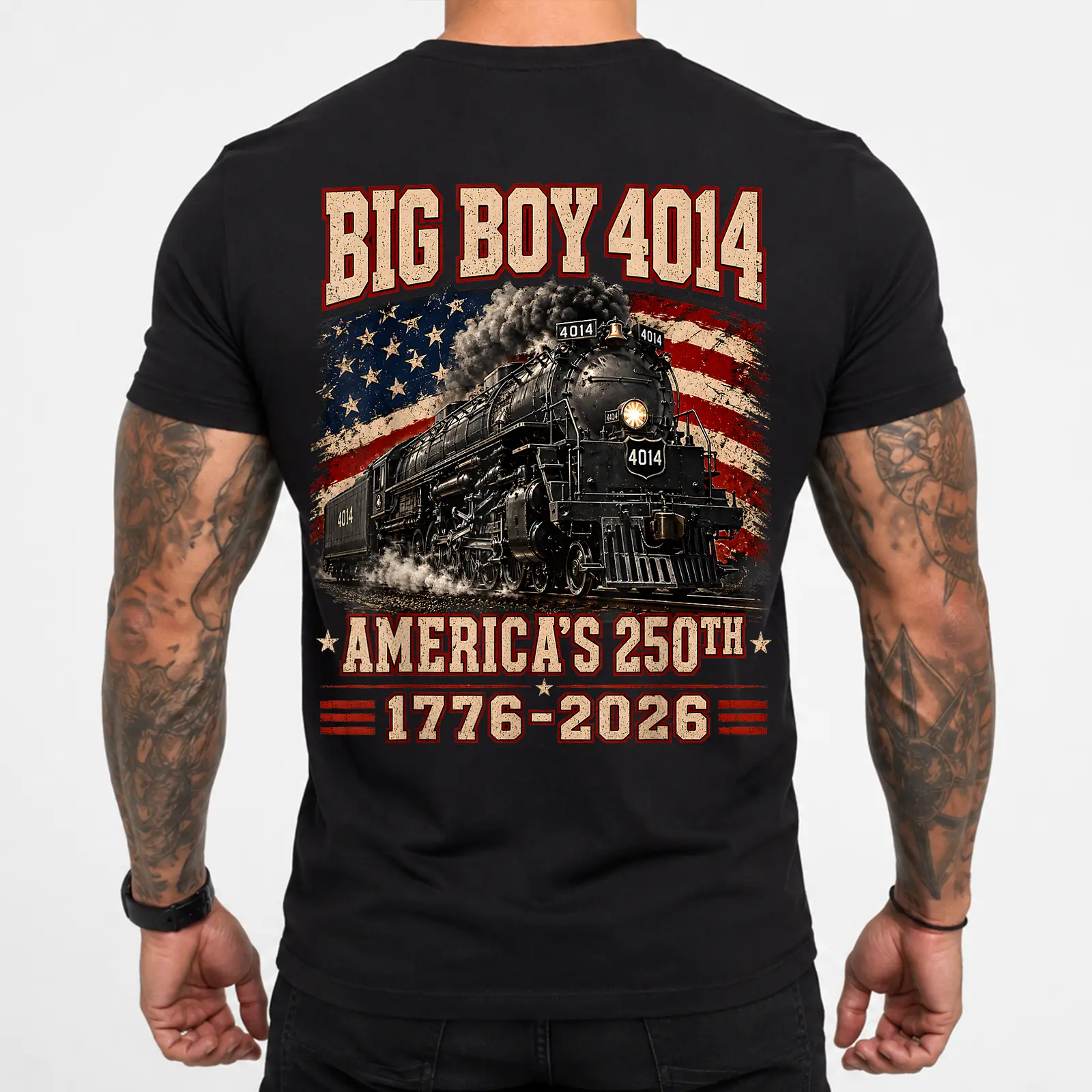 Union Pacific Big Boy 4014 Train US Flag T-Shirt - 250 Years of America Steam Locomotive Graphic Tee - Vintage Train Enthusiast Patriotic Streetwear - Unisex Gif