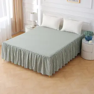 Sage Green Bed Skirt Washed Cotton Shabby Gingham Checkered Dust Ruffle King Size 18" Bedding(1 Bed Skirt Only)