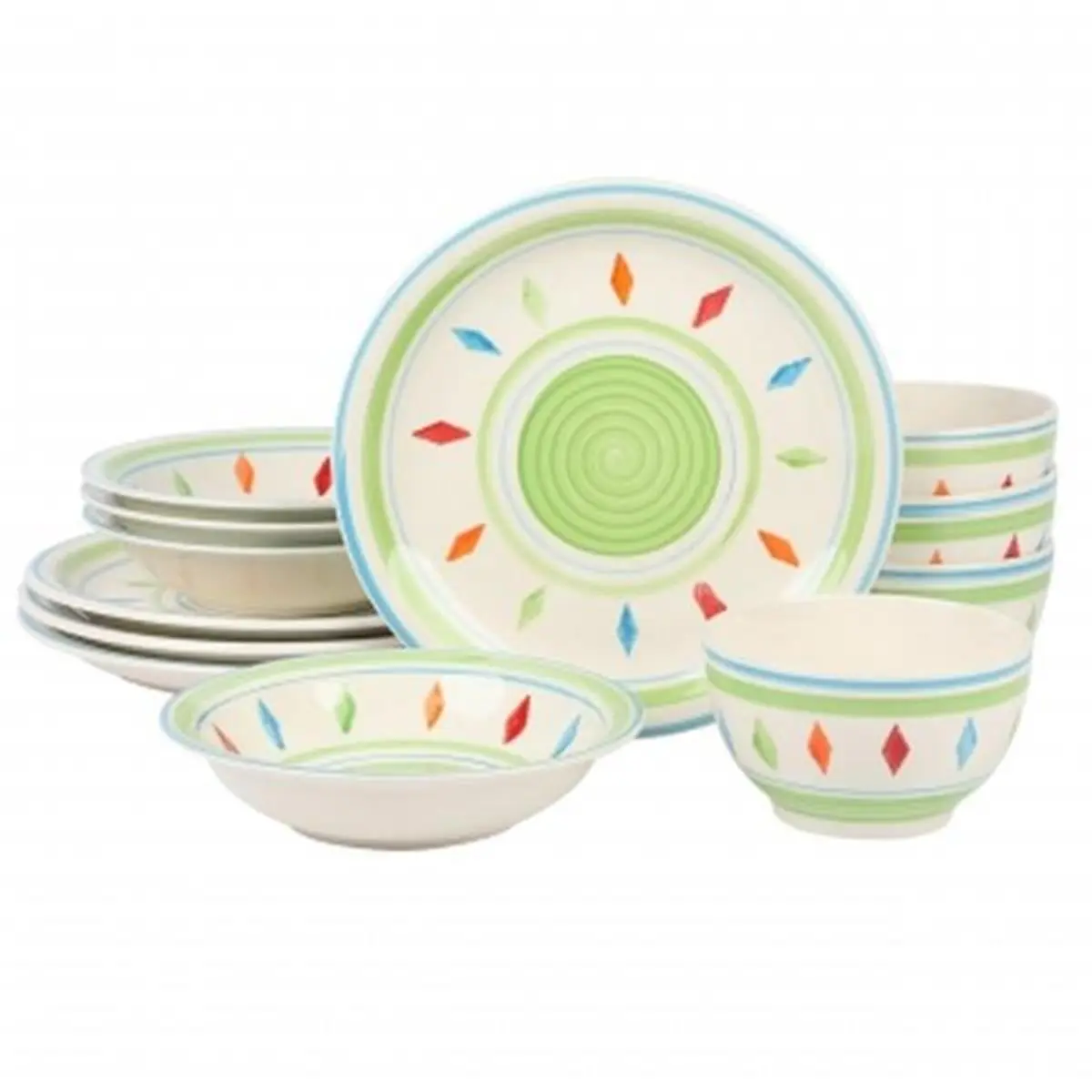 Gibson Home Heidy 12-Piece Hand Painted Details Durastone Dinnerware Set - Green Print Design, Dishwasher Safe, Includes Dinner Plates for Everyday Use, Dining Room