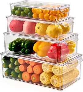 [ NEW DEAL ] 4 Piece Refrigerator Organizer Bins Clear PET Fridge Organizers Stackable with Lids Food Storage Containers for Fruit Vegetable Drinks Cereals Drip Hole Design Large Capacity