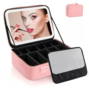 2026 Travel Makeup Bag with Lighted Mirror,Adjustable Dividers Must-Have Organizer with Three-color Light,10X Magnifying Makeup Mirror,for Makeup Lovers Perfect Gift