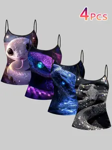 Colorful Snake Print Strappy Top, Summer Home Wear, Casual Slim-Fitting Outerwear, Unique Bodycon Shirt, Four-Piece Set