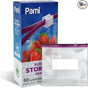 Food Storage Slider Quart Bag [50 Pieces] - Leak-proof fresh-keeping lock bag with expandable bottom - Food Safety Slider zipper bag with written label - Thick reusable sandwich bag