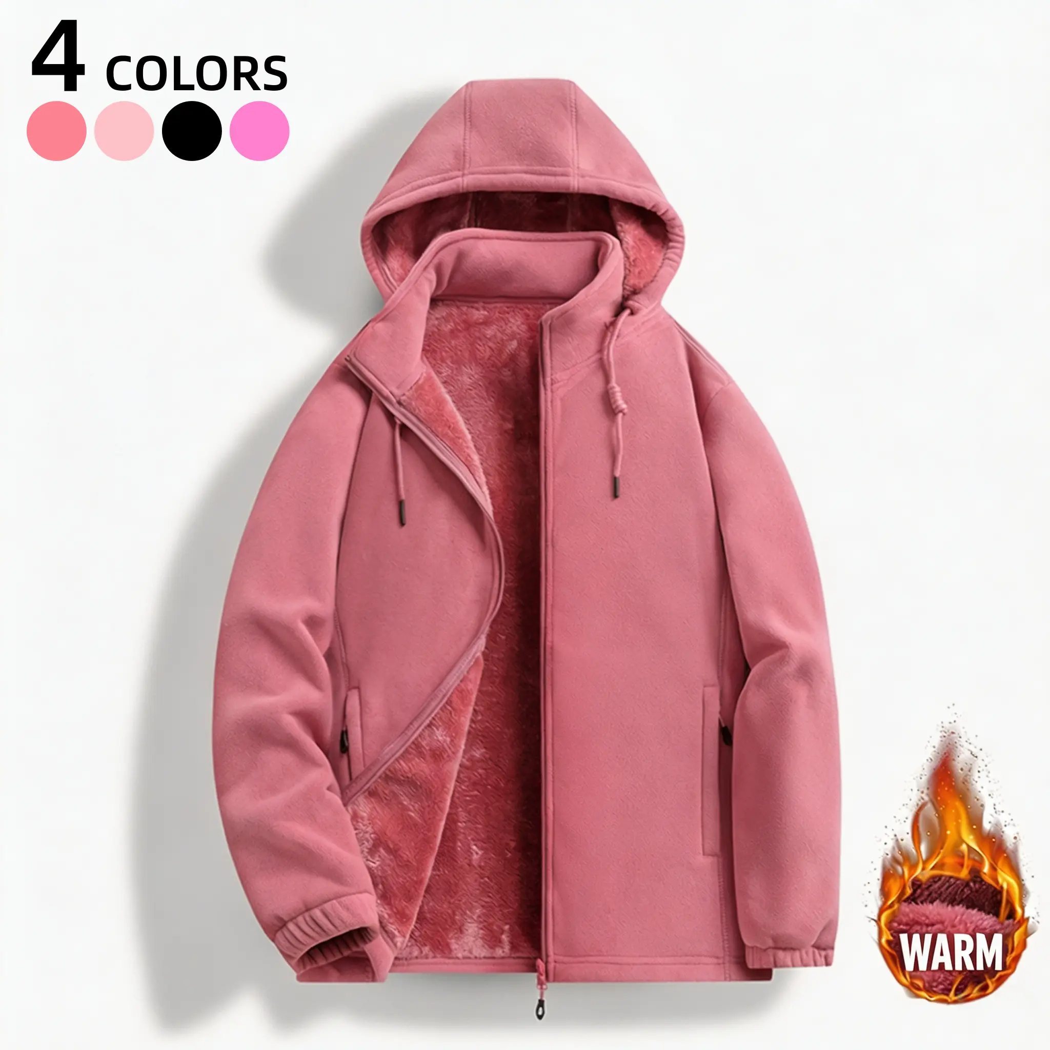 Women’s fleece lined hooded jacket—super warm and comfortable; thick zip up hoodie top suitable for cold autumn and winter weather; casual everyday outdoor wear; fashionable, trendy soft plush outerwear.