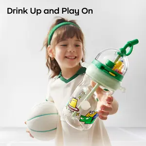 Bc Babycare T-REX SHOOTING GAME CUP, 17 oz, Cute Kid Straw Bottles for School Spill Proof Toddler Cups with Soft Silicone Straw and Adjustable Strap