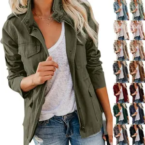 Women Military Anorak Jackets Zip Up Snap Buttons Parka Safari Utility Coats Outwear with Pocket Can be used with a raincoat