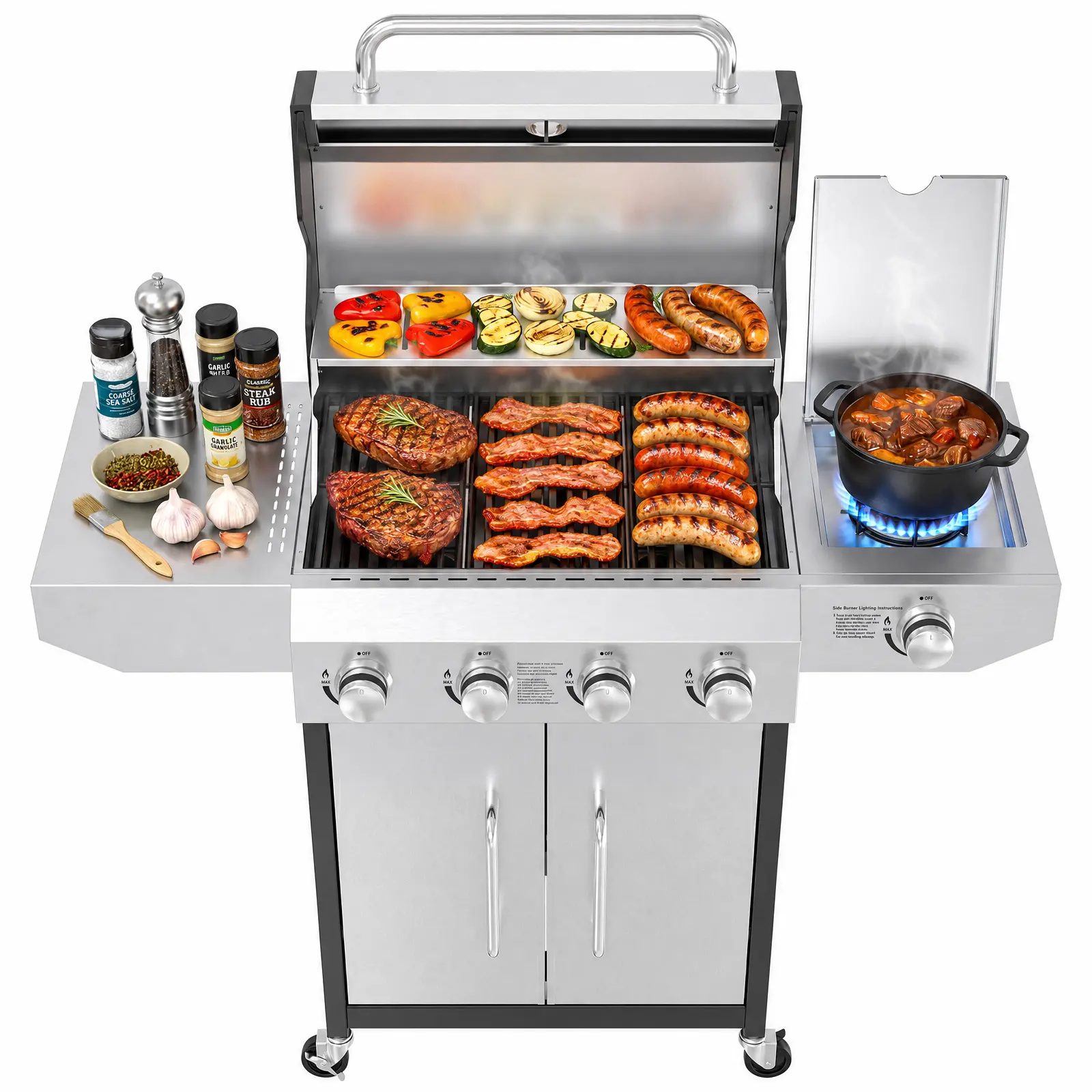 BESTFIRE Barbecue Gsa Grill, 5-Burner Stainless Steel Gas Grill Cart with Lid and Side Burner, 60K BTU with Even-Heat Cast Iron Grates for Outdoor Cooking, Patio, Simmering, Multi-Burner storage cabinet