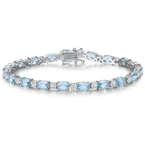 "Glamour Radiance" March Birthstone Fancy Cut Tennis Aquamarine Sterling Silver Bracelet