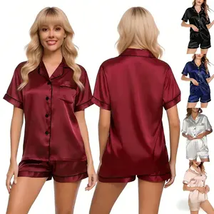 Pajamas for Womens Set 2 Piece Satin Pjs Soft Button Down Sleepwear Wide Leg Long Pants with Pockets