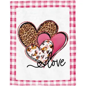 Throw Blanket Pink Plaid Leopard Print Love Heart Valentine's Day Soft Flannel Blanket Warm Lap Blanket for Couch, Sofa, Bed Lightweight Bed Blanket, 280g fabric weight single-sided printing,Provides comfortable temperature