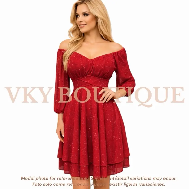 Glitter Tiered Mini Dress w/ Sheer Sleeves TS