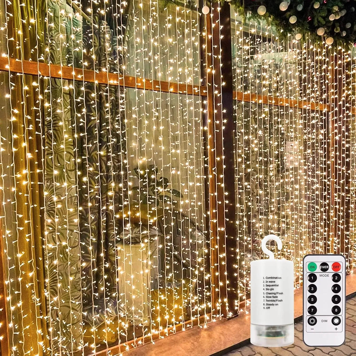 300 LED Curtain Lights Battery Operated, 9.8ft*9.8ft Hanging Lights with Remote Timer Fairy Curtain Lights for Bedroom Patio Wedding Backdrop Party Decór (Warm White)