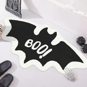 Halloween Bat Shaped Plush Bath Mat, Soft Absorbent Bathroom Rug, Creative Boo! Text Holiday Decor, Ideal for Bedroom & Entryway, Water Absorbent Mat