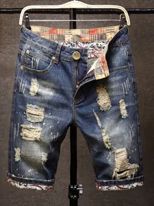 Men's Ripped Denim Shorts, Vintage Distressed Patchwork Jean Shorts, Casual Streetwear Hip Hop Style with Paisley Lining, Summer Rolled Cuff Shorts
