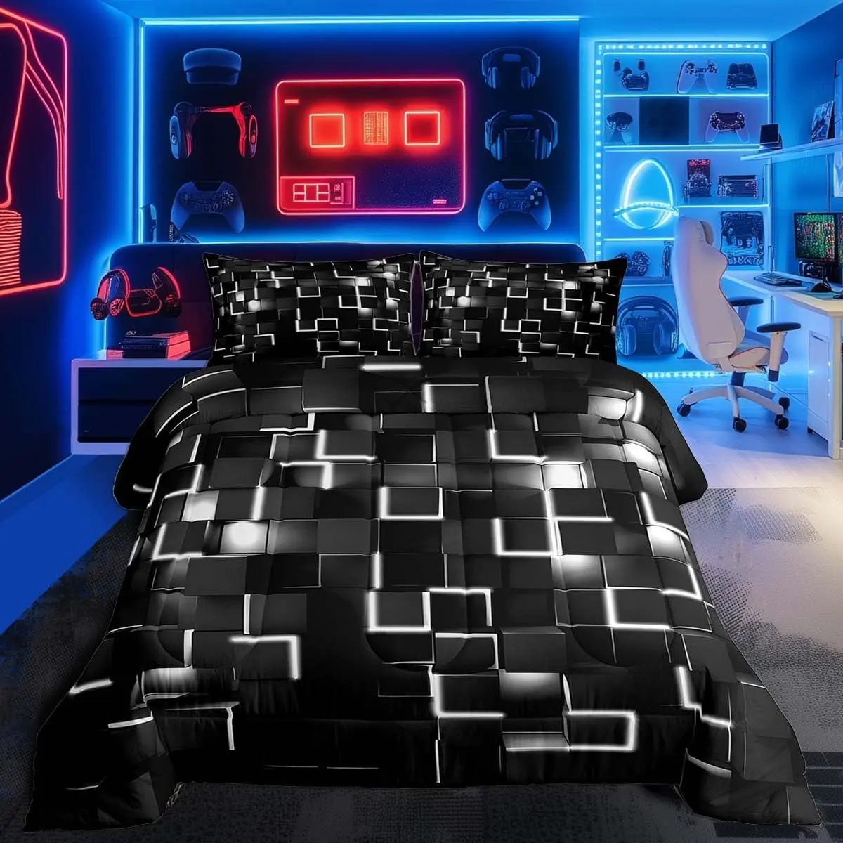 Grey and Black Bedding Set Light Geometric Comforter Set Decor Comforter Modern Style Duvet Set 1