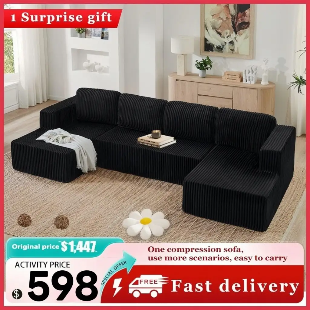 【3 Packages shipping】Niccae 132.5" U Shape Modular Sectional Sofa, Corduroy Fabric Oversized Sectional Couch, 5 Seat U Shaped Couch with 2 Pillows for