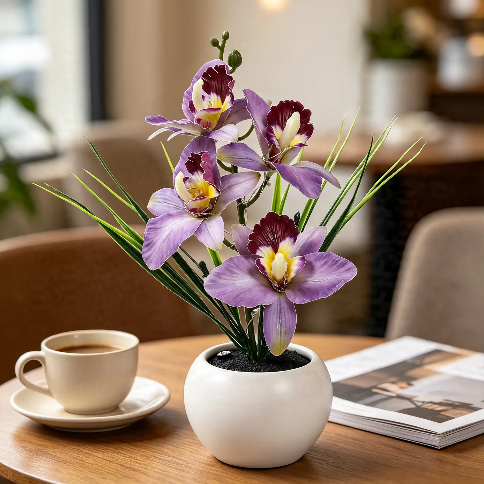 LED Artificial Cymbidium Orchid Flower Lamp, Touch Control USB Rechargeable Potted Bonsai Table Lamp, Warm Light Decorative Night Light for Bedroom Living Room, Ideal Gift for Birthday Christmas Housewarming