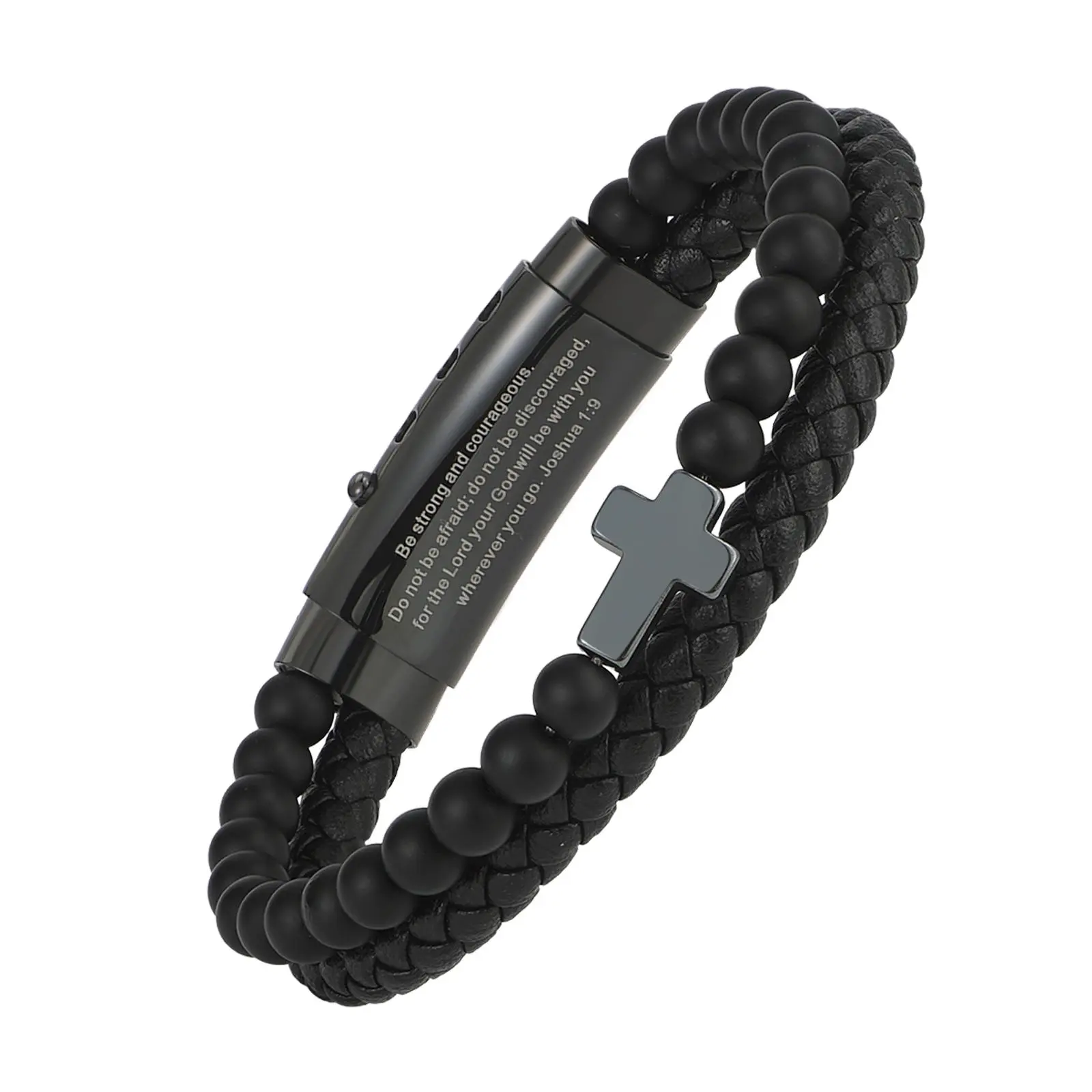 OIDEA Men's Bracelet, Layered Braided Faux Leather and Stone Bead Cuff with Stainless Steel Cross, Adjustable Christian Male Accessory with Bible Verse Styling, Cuff Bracelet, Pu Leather, Religious, Faith-Inspired, Daily Wear