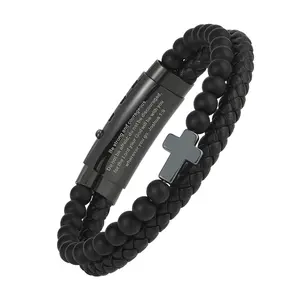 Men’s Cross Leather Bracelet, Adjustable Christian Bracelet with Bible Verse Beads, Black Braided Leather and Stone Beaded Faith Bracelet Gift for Men