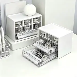 Sleek transparent desktop storage box with practical drawers. Large capacity and lightweight, it neatly holds cosmetics, office supplies and bathroom essentials. Perfect simple organizer to keep your desk tidy at home or workplace.
